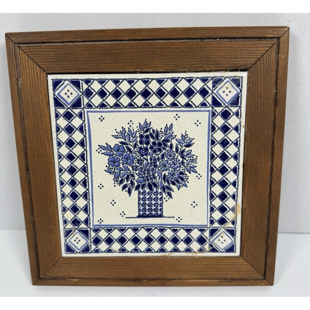 Ceramic Tile Trivet Kitchen Plaque Wood Frame 8.5" Blue Floral Made In Italy VTG